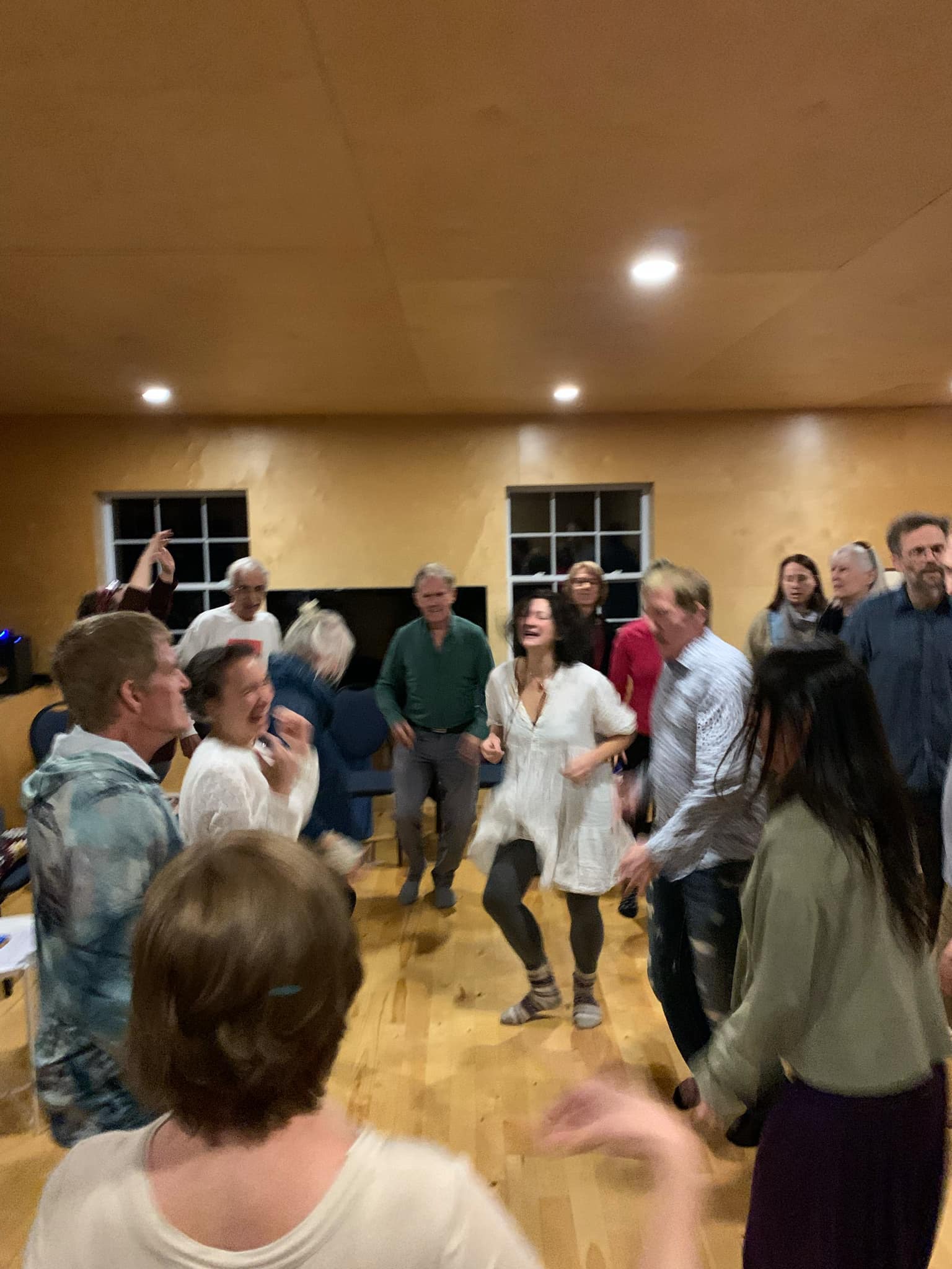 Un groupe de personnes de tout âge dansant avec joie et spontanéité dans une salle lumineuse.