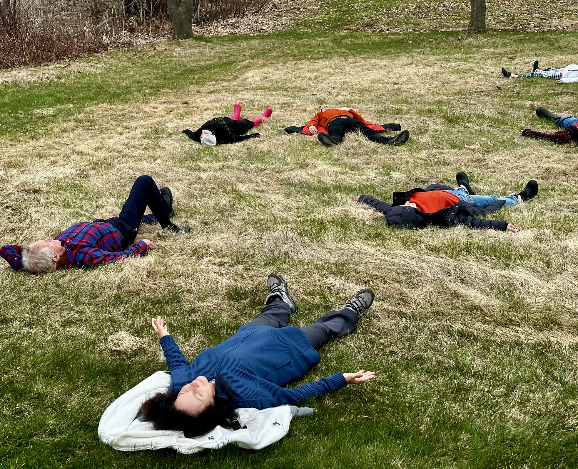 Sept personnes allongées sur l'herbe d'un champ, les yeux fermés, pour une séance de méditation en plein air.